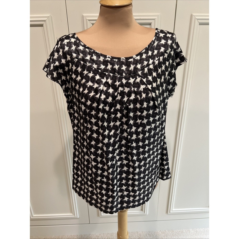 Talbots Houndstooth Silk Blouse Black‎ & White Cap Sleeve Preppy Office